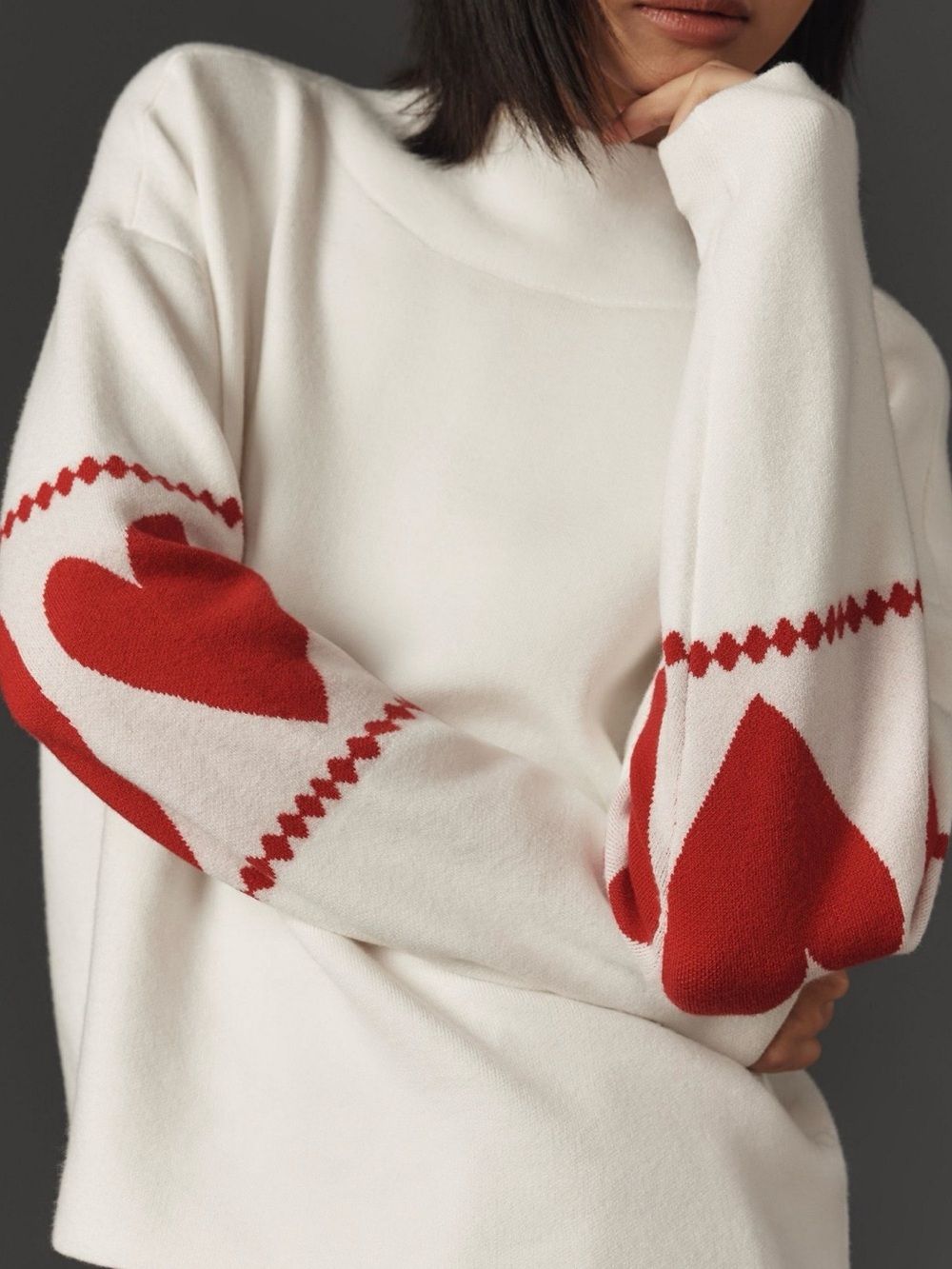 Maeve Anthropologie Women's S Ivory Red Heart Print Knit Mock Neck Sweater - Picture 3 of 13